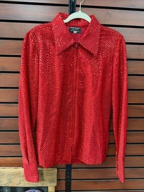 Red Sequin Zip-Front Button Down Shirt